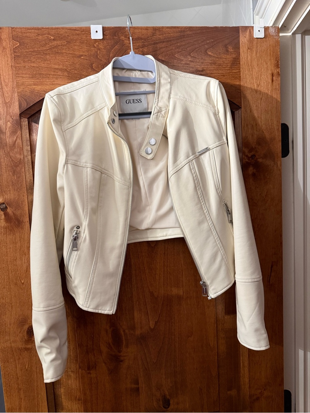 GUESS Cream Faux-Leather Moto Jacket with Silver Hardware